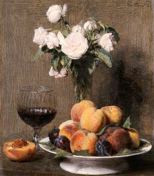 Stillleben mit Rosen, Früchten und einem Weingls a Henri Fantin-Latour