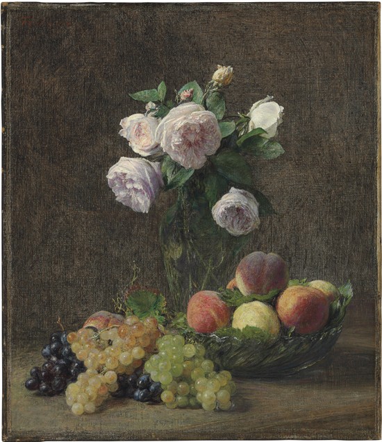 Vase de roses, pêches et raisins a Henri Fantin-Latour