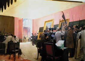 The jury sits in the drawing-room of the Artistes français 1883. a Henri Gervex