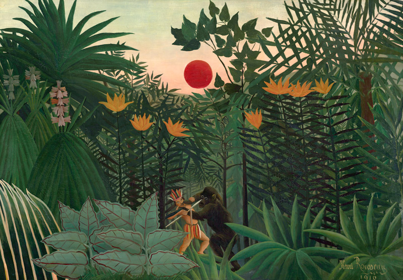 Tropische Landschaft: Amerikanischer Indianer beim Kampf mit einem Gorilla a Henri Julien-Félix Rousseau