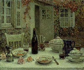 The spread table in front of the house. a Henri Le Sidaner