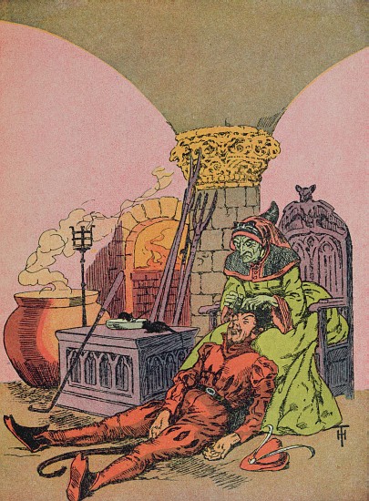The devils mother pulling the golden hairs from her sons head,illustration for the Grimm fairy tale  a Henri Thiriet