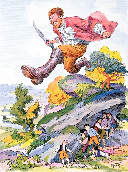 The Ogre hunting for Tom Thumb and his brothers, illustration for a Perrault fairy tale Tom Thumb (L a Henri Thiriet