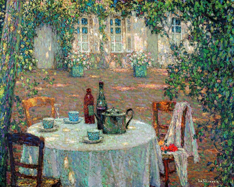 La table au soleil, au jardin - Table in sunlight in the garden a Henri Eugene Augustin Le Sidaner