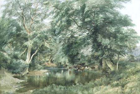 Landscape with Deer Drinking from a River a Henry Jutsum