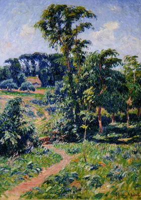 Landscape with trees and a path leading to a cottage (oil on canvas) a Henry Moret