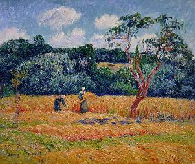 Figures harvesting a wheat field (oil on canvas)