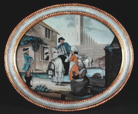 A reverse glass painting showing a farewell scene outside a tavern a Henry W. Banbury