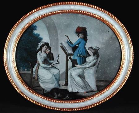 A reverse glass painting showing lady musicians a Henry W. Banbury