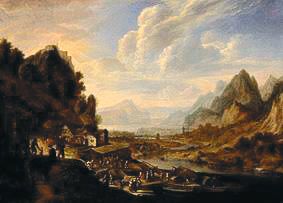 Mountainous riverside with berthing ships, smallholders and dealers a Herman Saftleven