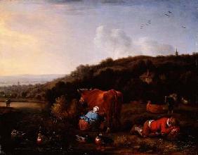 A pastoral landscape with a milkmaid and a sleeping cowherd