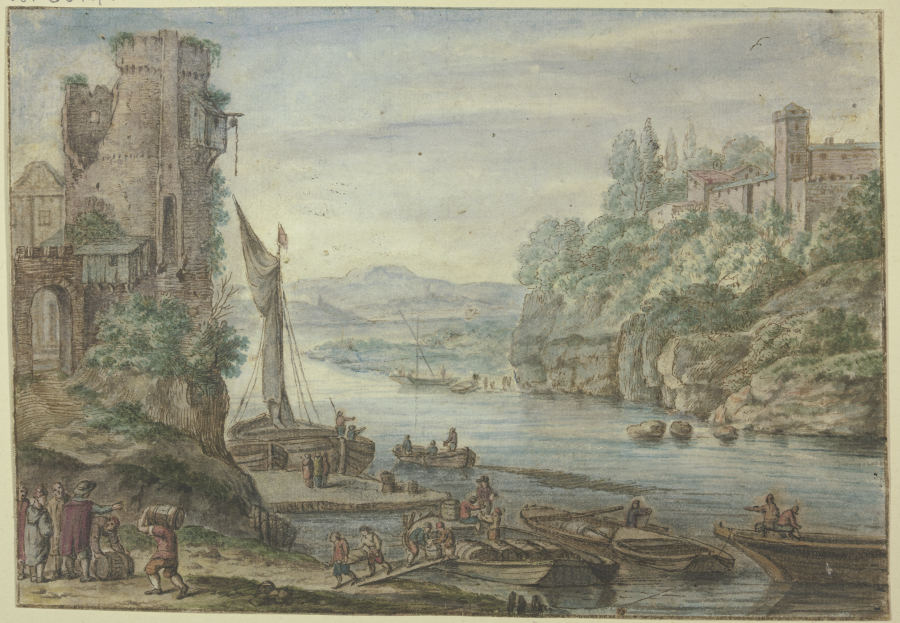 Flußgegend, alter Turm, Schiffe werden entgeladen a Herman Saftleven III