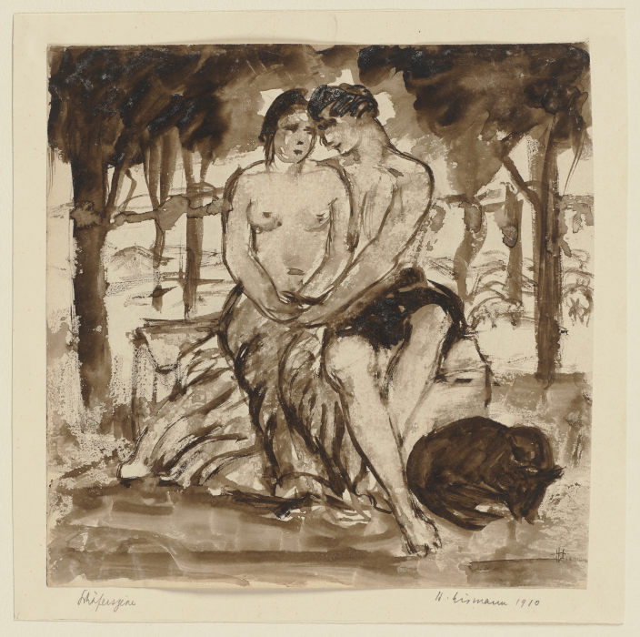 Schäferszene: Paar mit nacktem Oberkörper unter Bäumen sitzend, neben ihnen ein Hund a Hermann Lismann