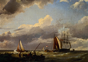 Dutch ships at light breeze into coastal proximity a Hermanus Koekkoek
