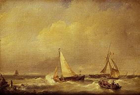 Sea landscape with sailing ships and a rowing boat. a Hermanus Koekkoek