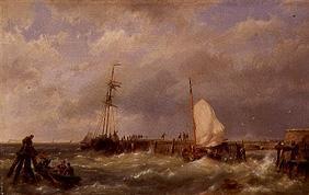 Fishing boats in the storm at a mole