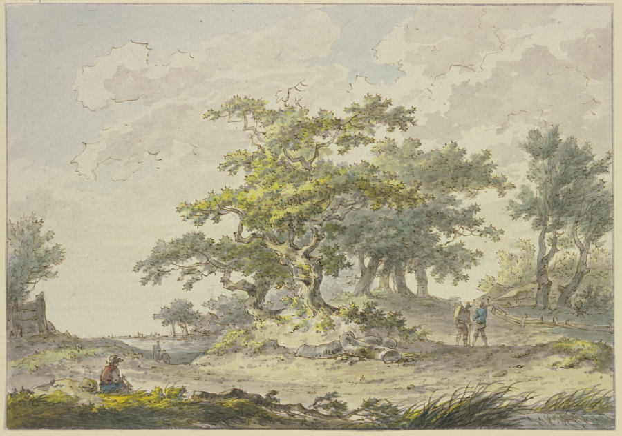 Gruppen von Eichbäumen, rechts zwei Wanderer, links eine sitzende Figur a Hermanus van Brussel