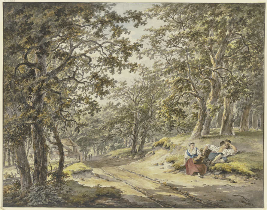 Weg durch den Wald an einem Gehöft vorbei, vorn ein ruhender Bauer und Bäuerin mit ihren Körben a Hermanus van Brussel