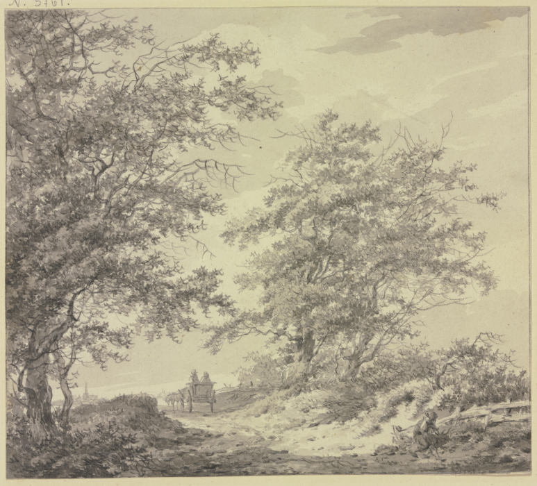 Weg zwischen zwei Baumgruppen mit einem Wagen, rechts am Zaun ein sitzender Mann a Hermanus van Brussel