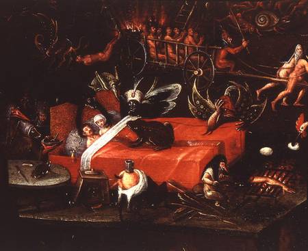 The Inferno, detail of a couple in bed surrounded by monstrous animals a Herri met de Bles