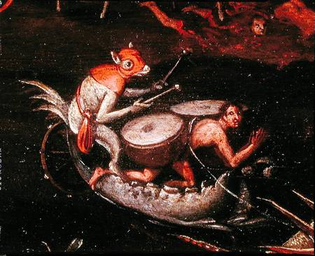 The Inferno, detail of fantastical animals playing the drums on a boat a Herri met de Bles