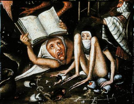 The Inferno, detail of a huddled and gagged creature next to a human monster holding up an open book a Herri met de Bles