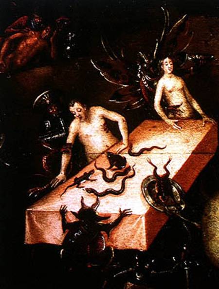 The Inferno, detail of two people around a table with demons a Herri met de Bles
