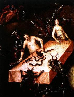 The Inferno, detail of two people around a table with demons
