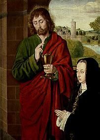 Anne de Beaujeu, duchess of Bourbon, and Johannes the evangelist. a Hey, Jean  Meister von Moulins