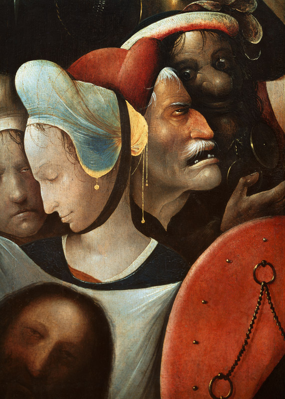 Detail of The Carrying of the Cross showing three faces including St Veronica (see also 28966, 61299 a Hieronymus Bosch