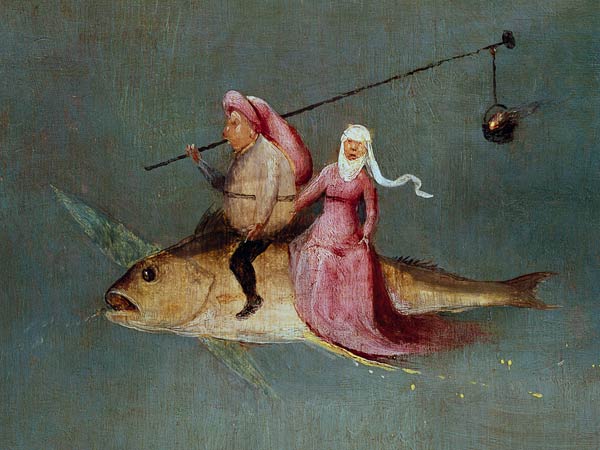 The Temptation of St. Anthony, right hand panel, detail of a couple riding a fish a Hieronymus Bosch