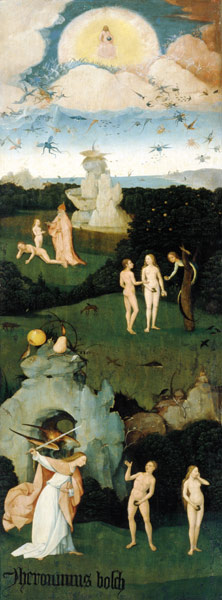 Haywain - Paradise (left panel) triptych a Hieronymus Bosch