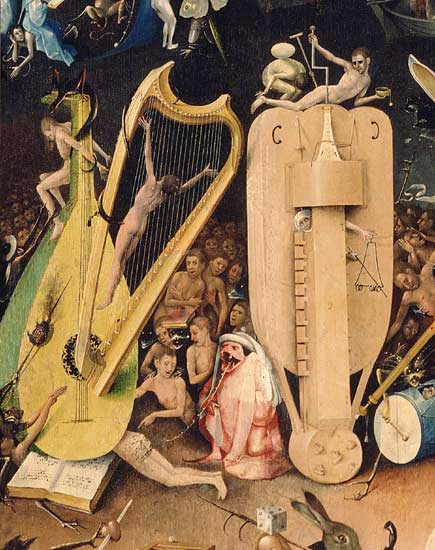 The Garden of Earthly Delights: Hell, detail of musical instuments from the right wing of the tripty a Hieronymus Bosch