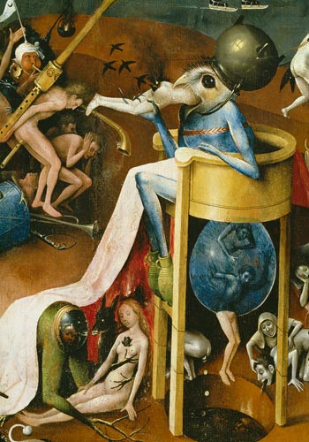 The Garden of Earthly Delights: Hell, right wing of triptych, detail of blue bird-man on a stool a Hieronymus Bosch