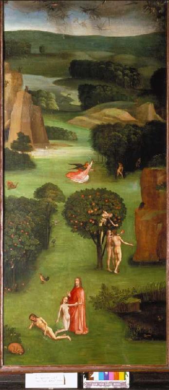 The Last Judgement triptych detail Li. Wing: Creation of Eva, Fall of Man, expulsion a Hieronymus Bosch