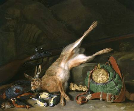 A Still life of a Hare with Hunting Equipment and a Musket a Hieronymus the Elder Galle