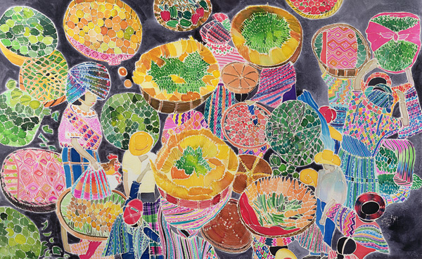 Baskets at Market (coloured inks on silk)  a Hilary  Simon