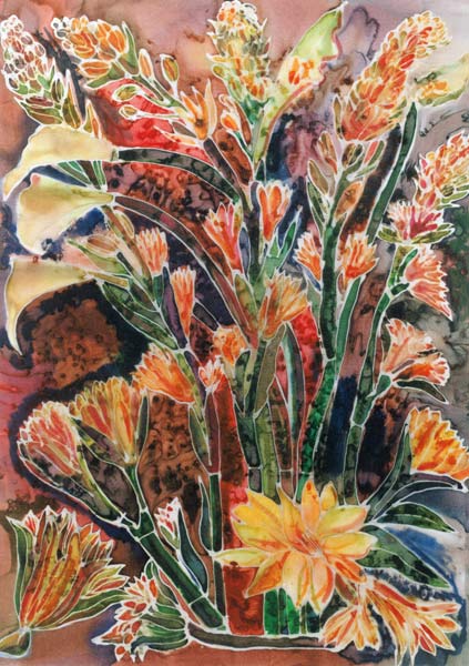 Calla Lillies with Tuber Roses (coloured inks on silk)  a Hilary  Simon