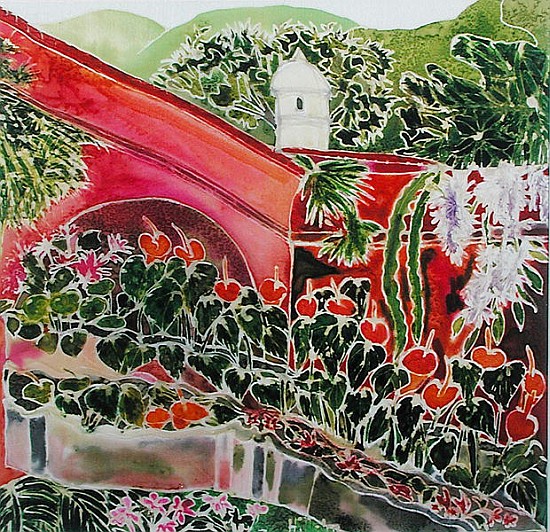 In Our Garden, Antigua (coloured inks on silk)  a Hilary  Simon
