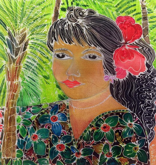 Lady with Hibiscus (coloured inks on silk)  a Hilary  Simon