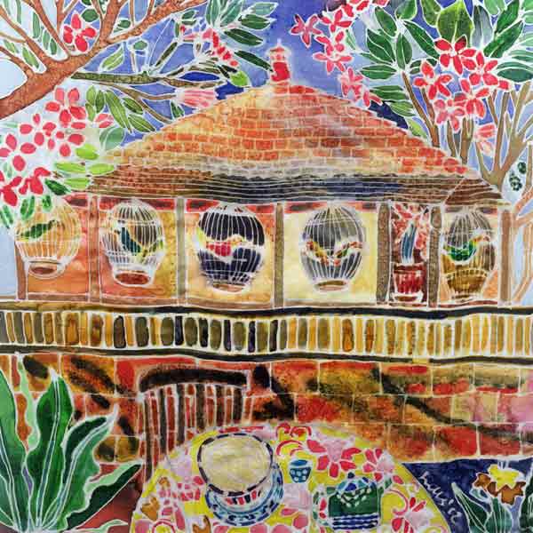 Lotus Cafe, Ubud, Bali, 2002 (coloured ink on silk)  a Hilary  Simon