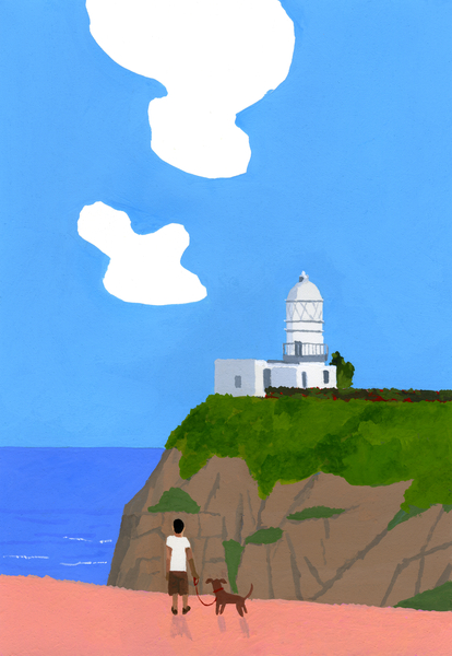 Lighthouse, dog and boys a Hiroyuki Izutsu