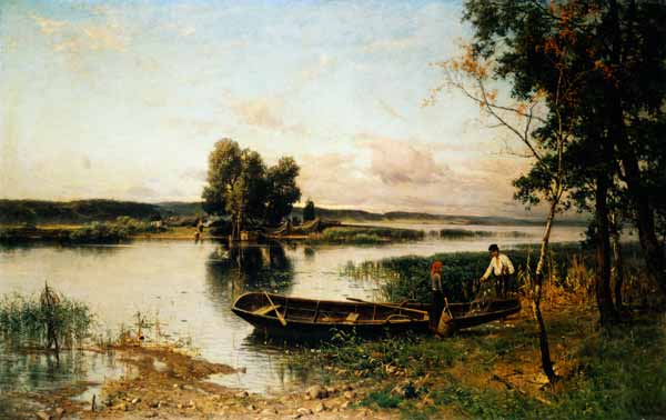 Fishermen unloading their catch in a river landscape a Hjalmar Munsterhjelm