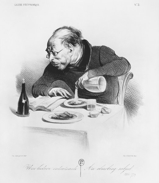 Series ''Galerie physionomique'', Une lecture entrainante, An absorbing subject, plate 3, illustrati a Honoré Daumier