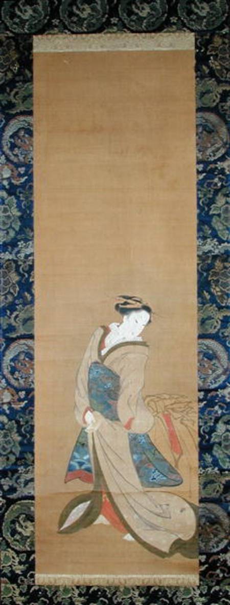 An Elegant Woman in a Blue Obi (pen & ink on silk) a Hotei Gosei