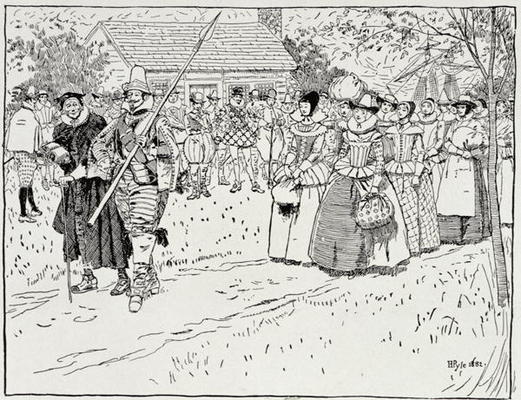 The Arrival of the Young Women at Jamestown, 1621, from Harper's Magazine, 1883 (engraving) a Howard Pyle
