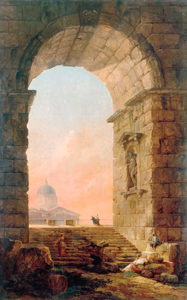 Landscape with an Arch and the St. Peter's Basilica in Rome a Hubert Robert