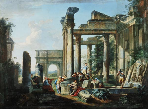 Leisure time of the soldiers in the midst of Roman ruins a Hubert Robert