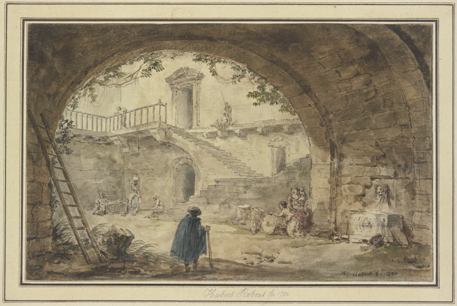 Gewölbe mit antikem Brunnen und Aussicht auf eine Treppe a Hubert Robert