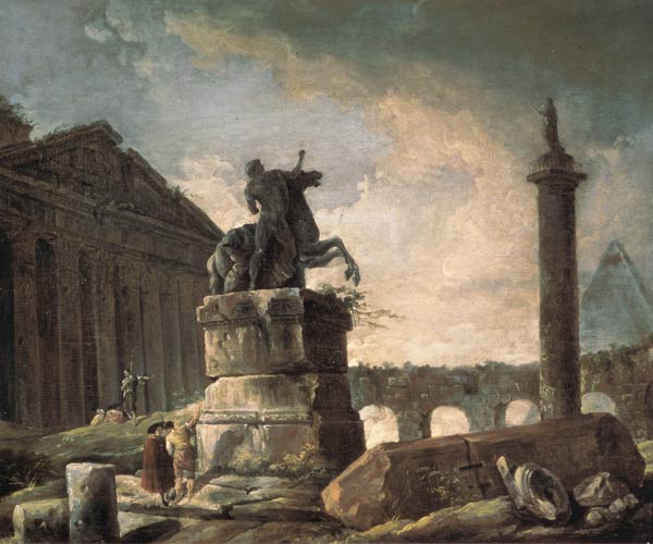 Ruins with statue and ornamented column a Hubert Robert